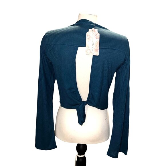 Band of the Free Open Back Ribbed High Neck Blouse Sz Medium Long Sleeve Teal - Picture 6 of 7